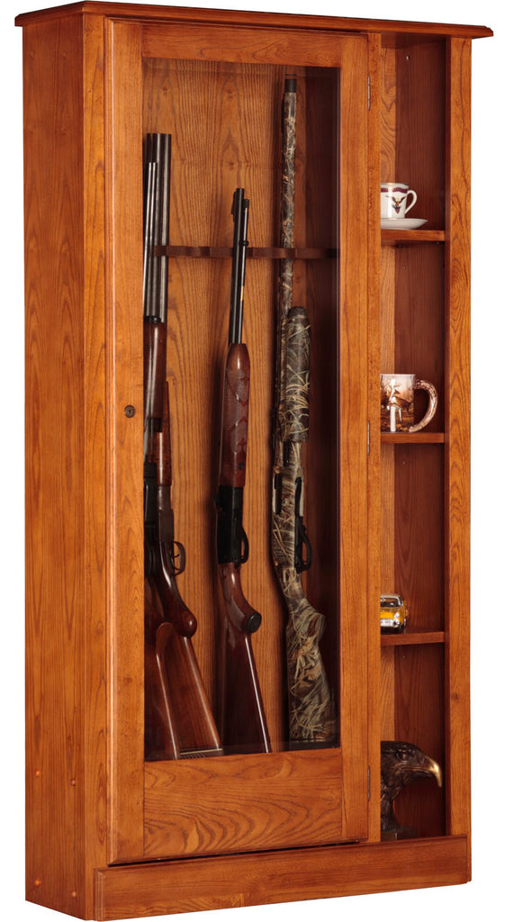 10 Gun Cabinet with Curio display.  Brown Oak finish.  Solid wood and veneer.